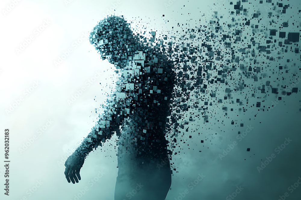 A creative illustration showing half of a man's body breaking into square fragments, symbolizing transformation, disintegration, or a shift from physical to digital. A creative illustration showing half of a man's body breaking into square fragments, symbolizing transformation, disintegration, or a shift from physical to digital.