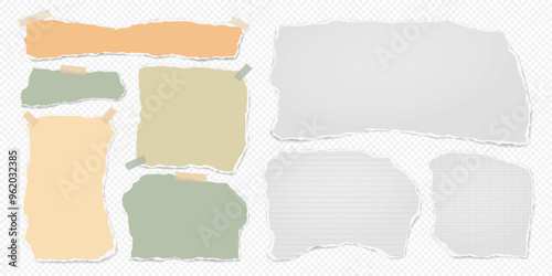 Set of torn white, brown note paper pieces, strips are on white squared background for text, notes or ad.