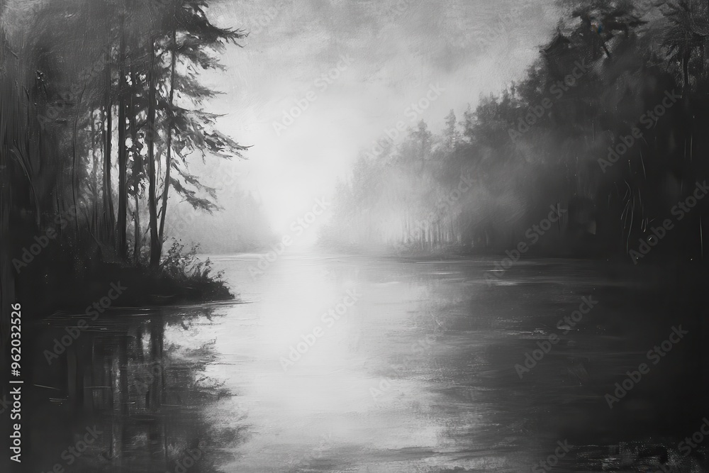 Fototapeta premium Black and White Painting of a Foggy Lake and Forest