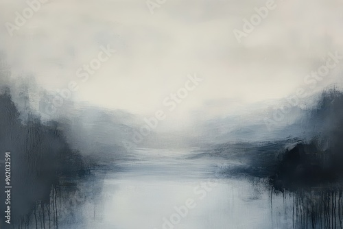 Abstract Painting of a Foggy Landscape with Water