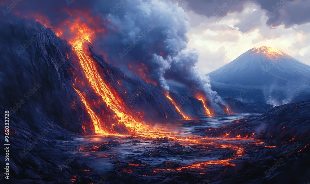 A River of Molten Lava Flows Down a Volcanic Mountainside A River of Molten Lava Flows Down a Volcanic Mountainside