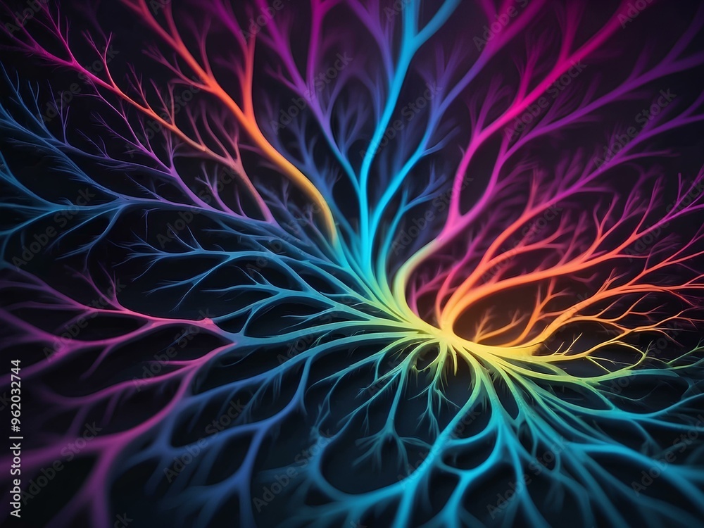 vibrant fractal lines forming a neural-like pattern with glowing rainbow colors, showcasing an abstract energy flow vibrant fractal lines forming a neural-like pattern with glowing rainbow colors, showcasing an abstract energy flow