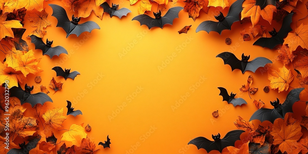 Halloween corner border of scattered candy and decor. Above view over an orange banner background with copy space Halloween corner border of scattered candy and decor. Above view over an orange banner background with copy space