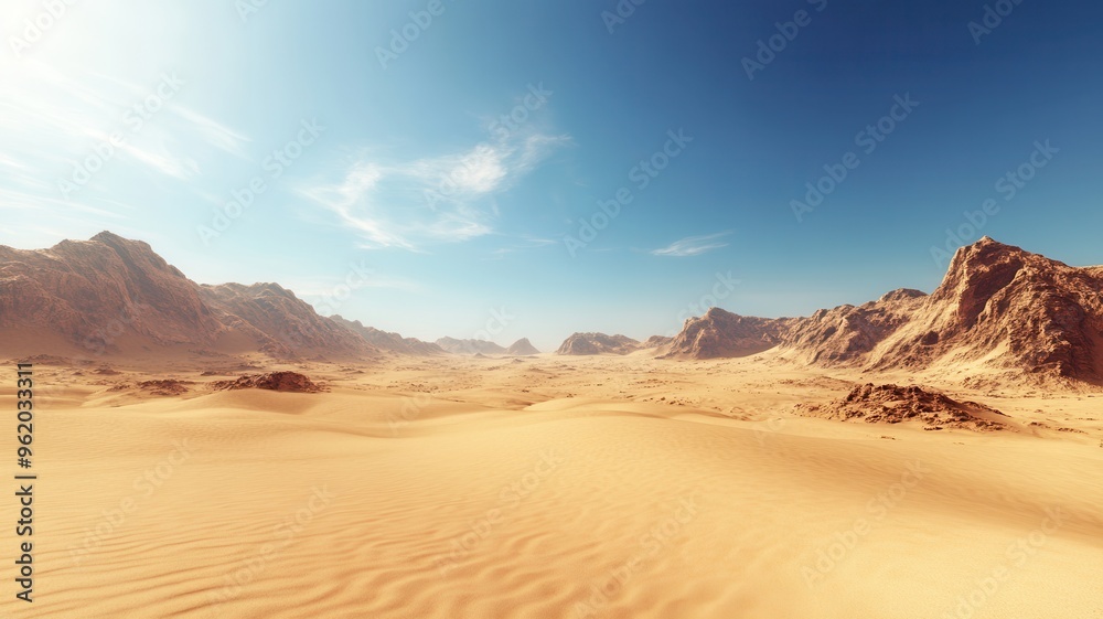 Fototapeta premium Breathtaking desert landscape showcasing golden sand dunes and rugged mountains under a clear blue sky.