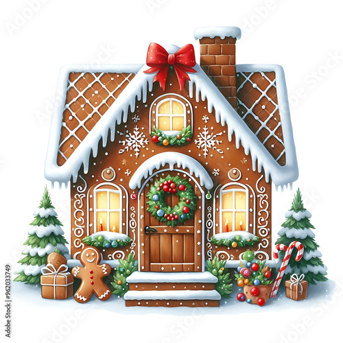 Gingerbread house decorated with wreaths, snow, gifts, and a gingerbread man. Festive Christmas holiday watercolor cut out illustration on a white background.