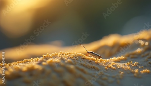 A small insect is crawling quietly on the golden sand dune. The natural environment with a blurred background creates a tranquil atmosphere, showing the subtlety and beauty of nature. photo