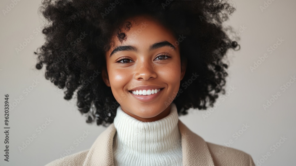 Portrait of a smiling young woman with afro hair. Portrait of a smiling young woman with afro hair.