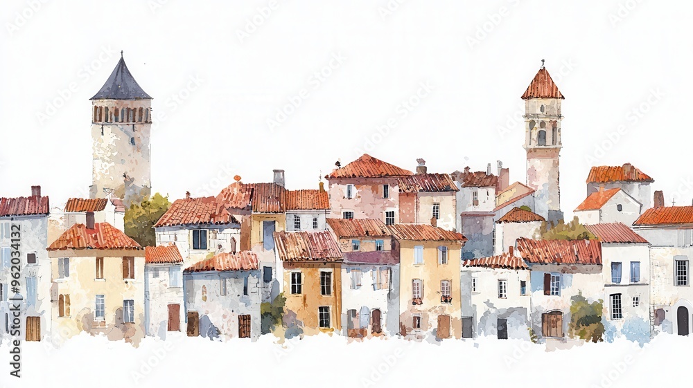 Charming watercolor illustration of a picturesque village with unique architectural details and warm, inviting colors. Charming watercolor illustration of a picturesque village with unique architectural details and warm, inviting colors.