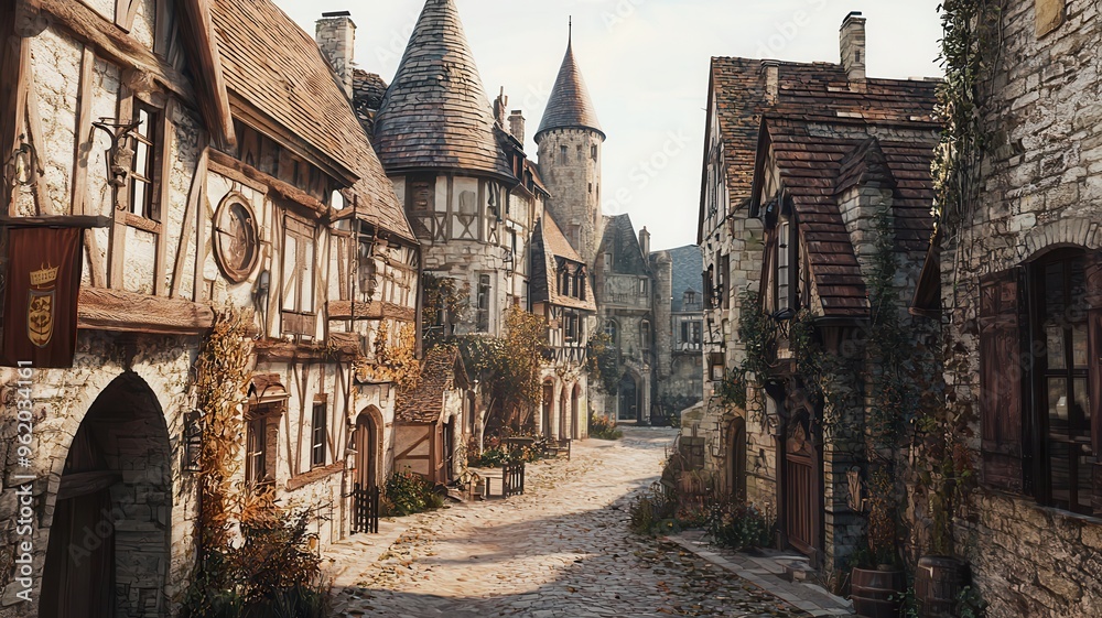 Fototapeta premium Charming medieval street with rustic stone houses and a cobblestone path, capturing the essence of old-world architecture.