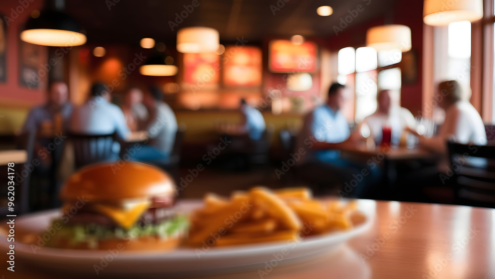 The picture in the burger shop is blurry with warm lighting inside the shop. The picture in the burger shop is blurry with warm lighting inside the shop.