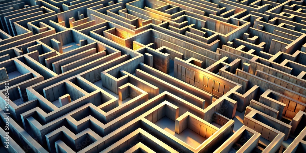 The Golden Path A 3D Rendered Wooden Maze with a Glowing Exit, Maze, Path, Exit, Solution The Golden Path A 3D Rendered Wooden Maze with a Glowing Exit, Maze, Path, Exit, Solution