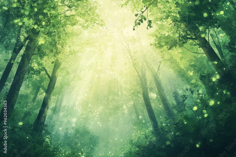 Obraz premium Sunbeams Shining Through Lush Green Forest Canopy