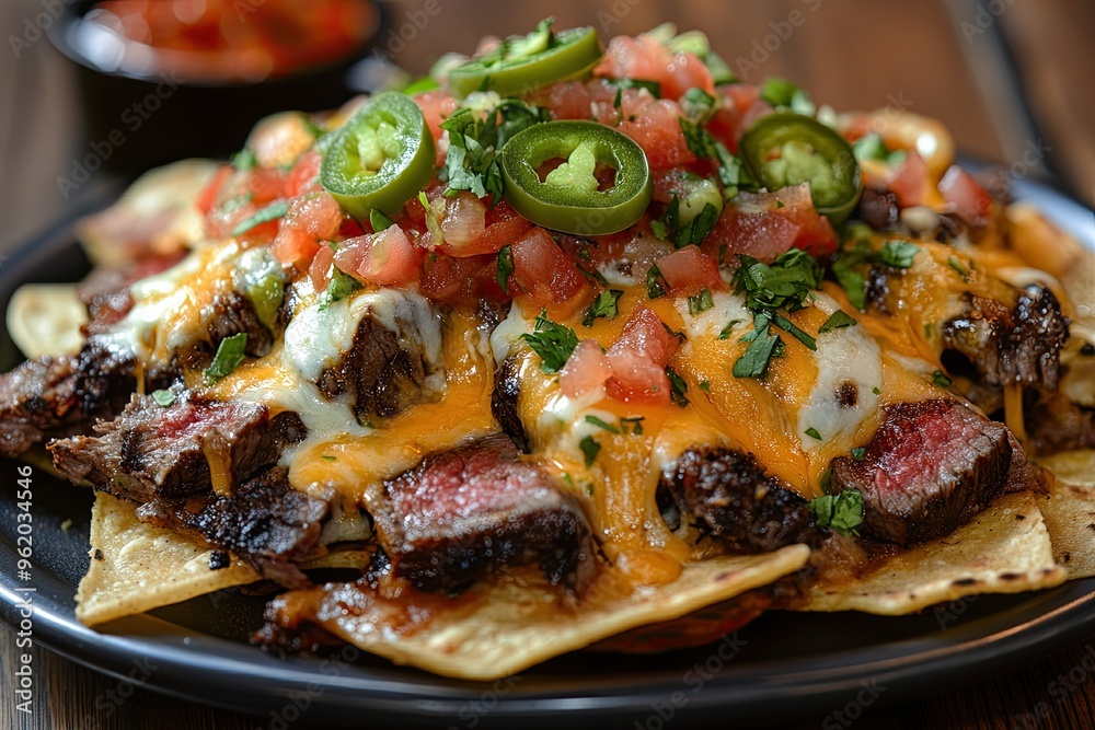 A plate of steak nachos topped with melted cheese, jalapenos, salsa, and guacamole A plate of steak nachos topped with melted cheese, jalapenos, salsa, and guacamole