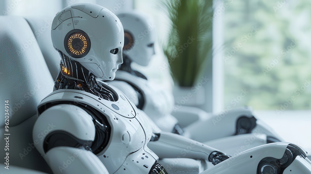 Futuristic humanoid robots sit in a modern interior, showcasing advanced technology and design for innovative concepts. Futuristic humanoid robots sit in a modern interior, showcasing advanced technology and design for innovative concepts.