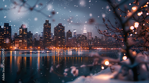 NYC Winter Wonderland: A serene snowfall blankets the iconic cityscape of New York City, creating a magical winter wonderland. The cityscape glows with warm lights reflected in the calm waters, while 