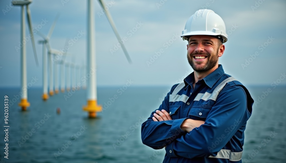 A smiling engineer stands confidently in front of offshore wind turbines, showcasing renewable energy and industrial innovation. A smiling engineer stands confidently in front of offshore wind turbines, showcasing renewable energy and industrial innovation.