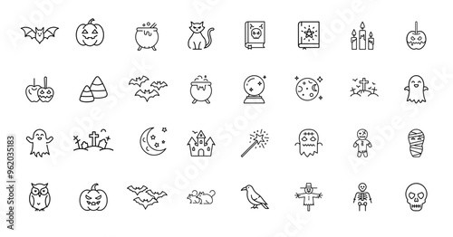 Collection halloween-themed icons bats pumpkins potion cat spell book haunted house ghost owl rat crow scarecrow skeleton skull
