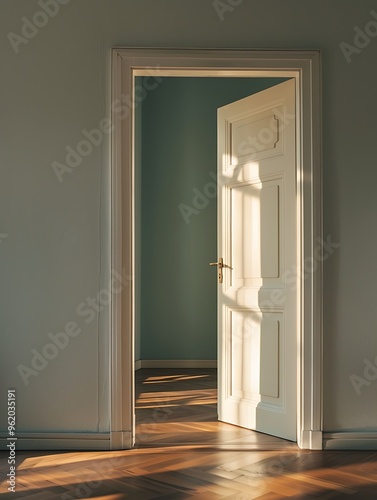 Opened wooden door With warm sunlight. Concept of opportunity and startup.  Ai generated