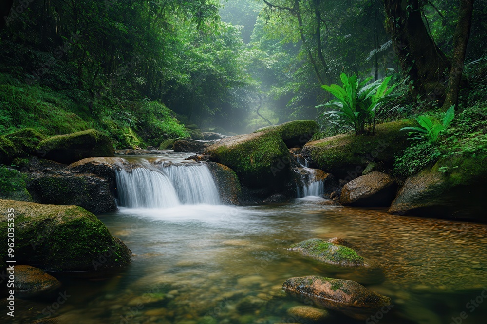Obraz premium Serene forest scene featuring a tranquil stream flowing over mossy rocks, surrounded by lush greenery and atmospheric fog.