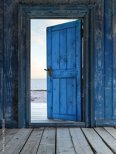 Blue opened a wooden door With warm sunlight. Concept of opportunity and startup.  Ai generated