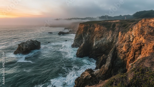 Serene coastal landscape at sunset, featuring rugged cliffs, ocean waves, and soft fog rolling in, creating a tranquil atmosphere.