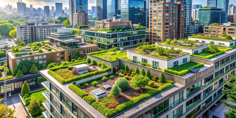 Fototapeta premium Urban Oasis Aerial View of Green Rooftops, Modern Architecture, Sustainable Living, Green roof, Sustainable city, Urban gardening