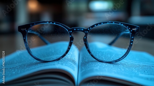 Blue Glasses Resting on Open Book