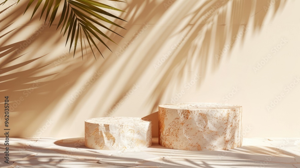 Minimal abstract background with tropical leaf shadows for cosmetic product presentation. Premium empty podium template with light wall and stone stands. Minimal abstract background with tropical leaf shadows for cosmetic product presentation. Premium empty podium template with light wall and stone stands.