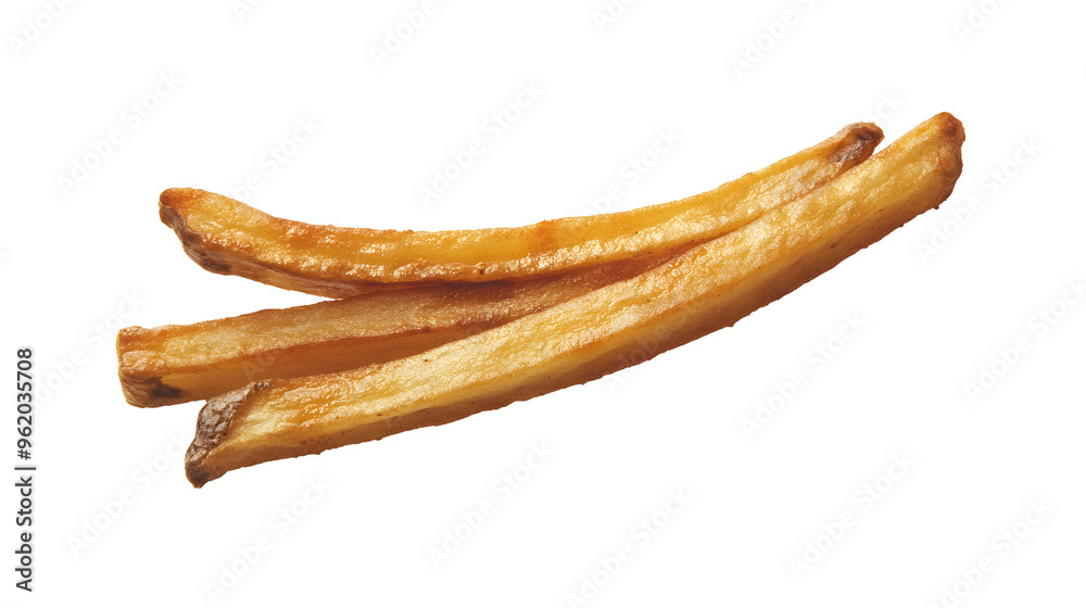 A single, thick-cut French fry with a golden-brown exterior and slightly rough surface, resting on a smooth white background, no shadows