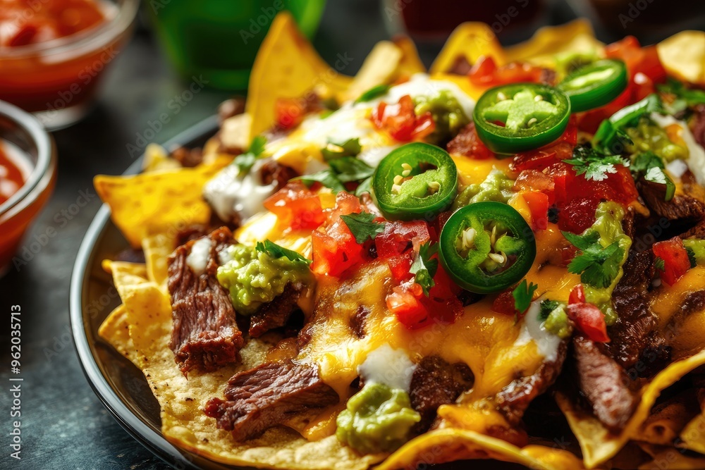 A plate of steak nachos topped with melted cheese, jalapenos, salsa, and guacamole A plate of steak nachos topped with melted cheese, jalapenos, salsa, and guacamole