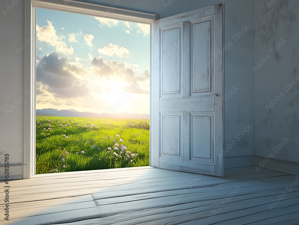 Open Door to New Horizons: An open door reveals a breathtaking landscape of lush green fields bathed in the golden glow of a setting sun, symbolizing the promise of new beginnings and boundless possib Open Door to New Horizons: An open door reveals a breathtaking landscape of lush green fields bathed in the golden glow of a setting sun, symbolizing the promise of new beginnings and boundless possib