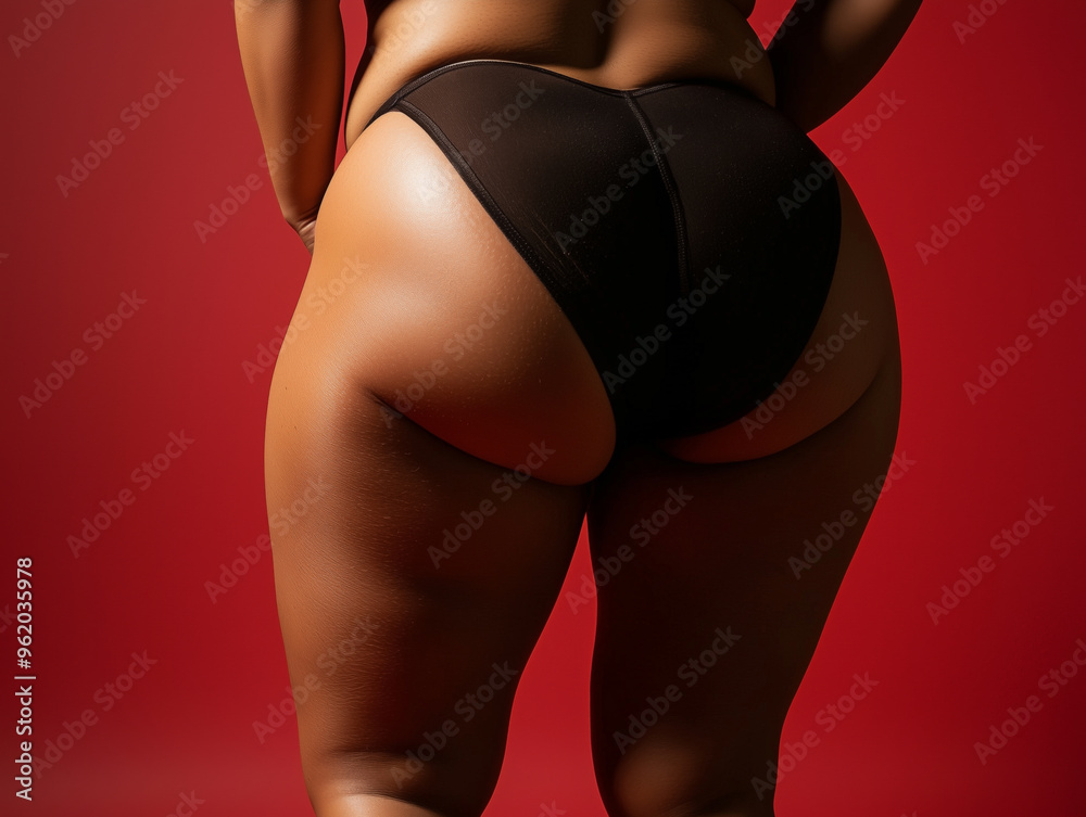 Fototapeta premium Close-up back view of a woman in black underwear, standing against a red background with strong lighting emphasizing skin texture