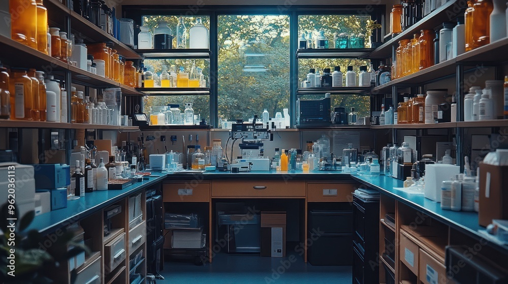 Laboratory Interior with Glassware and Shelves Laboratory Interior with Glassware and Shelves