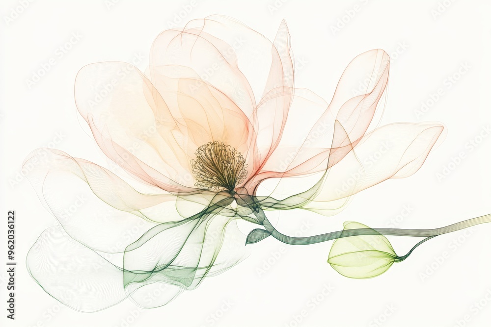 Obraz premium Delicate Magnolia Flower Continuous Line Illustration in Soft Pink and Green Colors for Natural Aesthetic