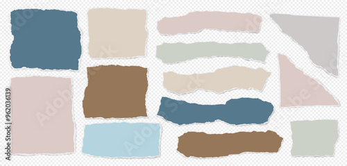 Set of torn white, brown note paper pieces, strips are on white squared background for text, notes or ad.