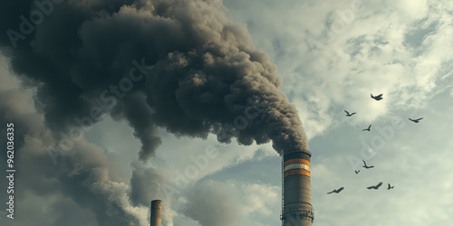Black polluting smoke flying from a chimney against the sky. Techniques for capturing and storing co2 emissions from the atmosphere.