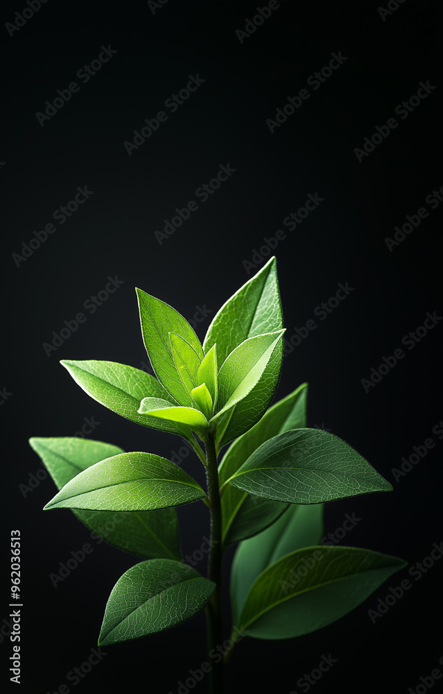 Naklejka premium A vibrant green plant sprouting against a dark black background, showcasing fresh, sharp leaves in a minimalistic and nature-focused composition