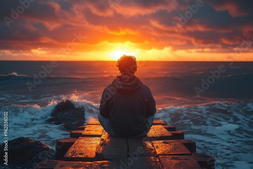 contemplative young man gazing at sunsetlit ocean weathered wooden pier stretching into distance golden hour warmth introspective mood photo