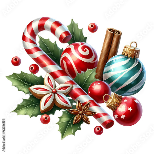 Christmas composition with candy canes, ornaments, holly leaves, cinnamon sticks, and festive spices on a white background. Christmas holiday watercolor cut out design concept.