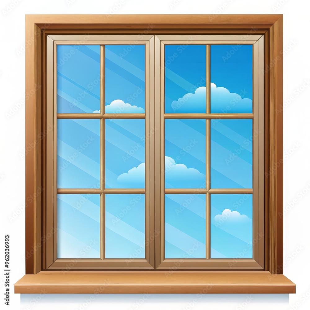 Fototapeta premium Wooden Window with Sky View, Window Frame, Sky, Clouds, Interior Design, Wooden Window, Window Frame