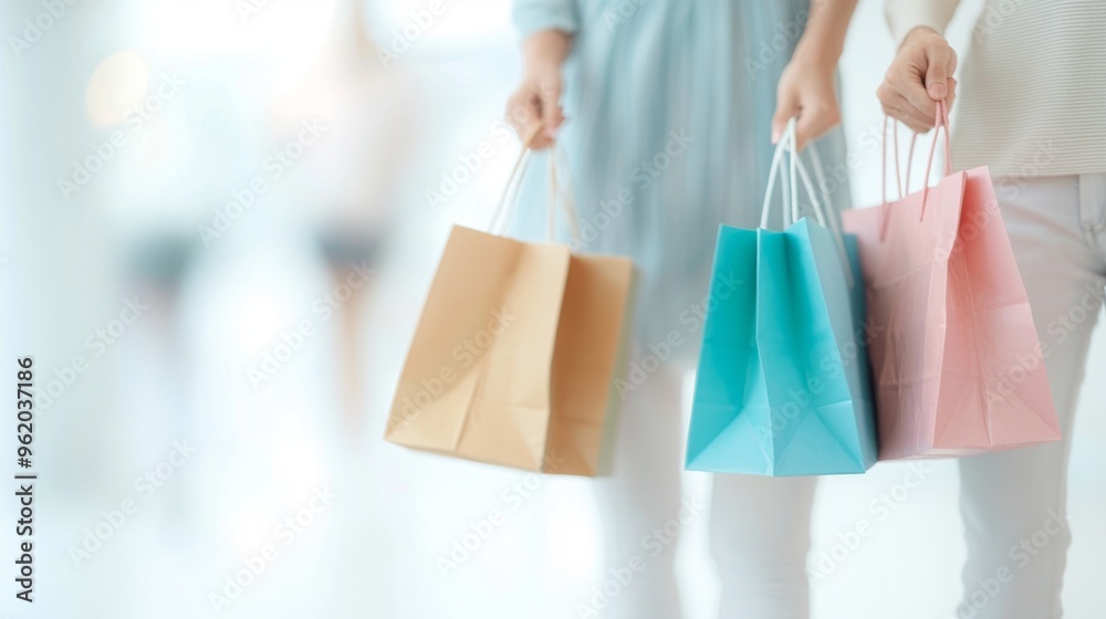 Young Indian couple joyfully carrying shopping bags, celebrating Diwali, vibrant expressions against a clean white backdrop, embodying festive spirit and togetherness. Young Indian couple joyfully carrying shopping bags, celebrating Diwali, vibrant expressions against a clean white backdrop, embodying festive spirit and togetherness.