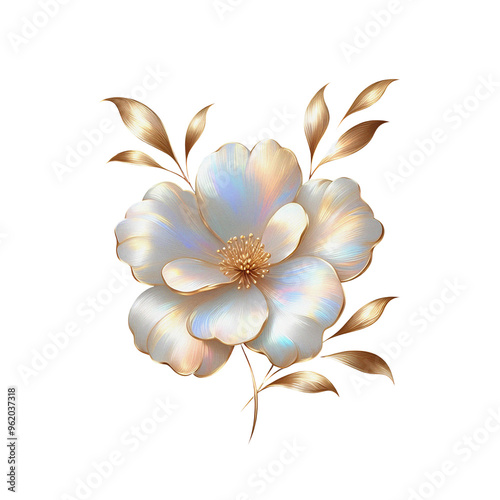Gold hologram white flower clipart, golden floral transparent background cutout png