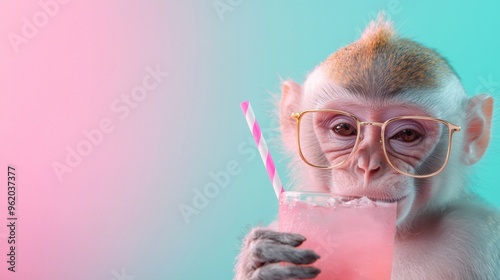 Chill Monkey in Sunglasses, a stylish anthropomorphic monkey enjoying a cocktail against a vibrant fantasy backdrop, radiating coolness and charisma in a minimalist setting