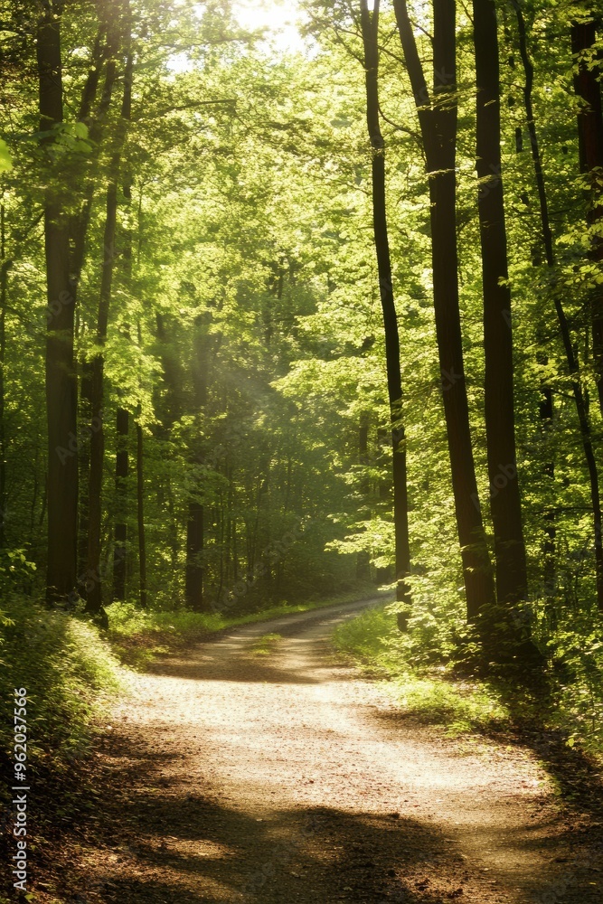 Serene Forest Path with Sunlight Through Trees Serene Forest Path with Sunlight Through Trees