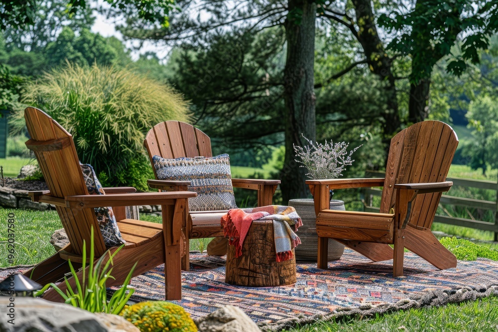 Adirondack chair and side table set with colorful cushions and picnic blanket on lawn, surrounded by trees and stone wall. Adirondack chair and side table set with colorful cushions and picnic blanket on lawn, surrounded by trees and stone wall.