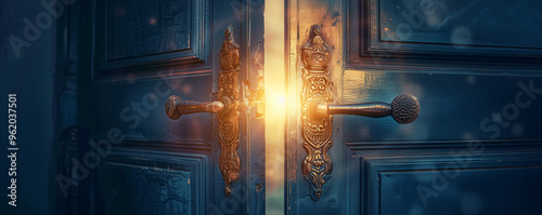 Ornate doors slightly open with warm light shining through, symbolizing opportunity, mystery, and new beginnings