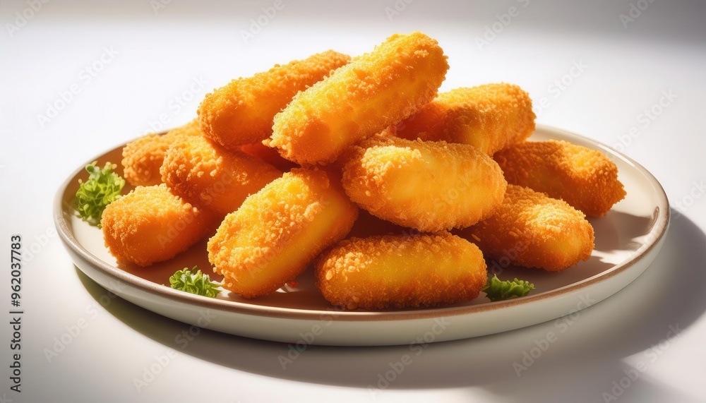Stacked Crispy Fried Fish Sticks on a Ceramic Plate Stacked Crispy Fried Fish Sticks on a Ceramic Plate