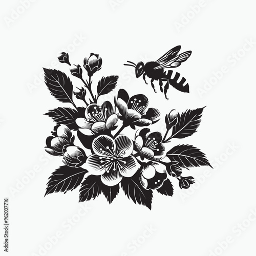 bee and blossom black logo silhouette vector illustration on a white background, easily editable

