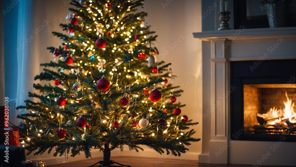 Beautiful Christmas tree in living room, bokeh effect. Festive interior Beautiful Christmas tree in living room, bokeh effect. Festive interior
