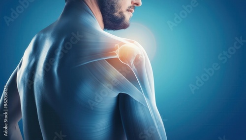 Shoulder Anatomy: Highlighted - A detailed anatomical illustration of a man's shoulder, showcasing the intricate network of bones, muscles, and tendons. Ideal for medical, healthcare, and fitness visu photo